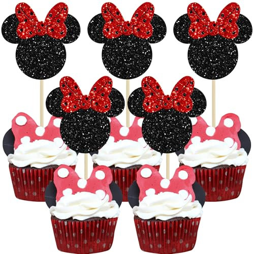 Ephlyn 24Pcs Mouse Inspired Cupcake Toppers with Bow Glitter Mouse Cupcake Picks for Baby Shower Wedding Kids Birthday Mouse Themed Party Cake Decorations Black Red