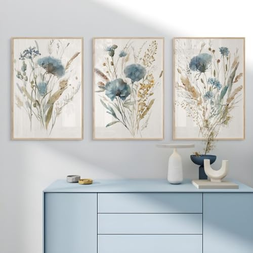 champracer Bilder Wohnzimmer 3er Set Rustikale Blumen Wandbilder Aquarell Blumen Leinwand Bilder Blaues Aquarell Wildblumen Poster Wohnzimmer Schlafzimmer Dekoration, Ohne Rahmen (50 * 70cm)