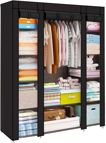 JF HOME BLISS Fabric Wardrobe for Bedroom, Large Canvas Clothes Storage Organizer with Hanging Rail & 6 Shelves - 126x43x165cm, Dustproof Portable Closet for Bedroom, Living Room & Dorm(Large Black)