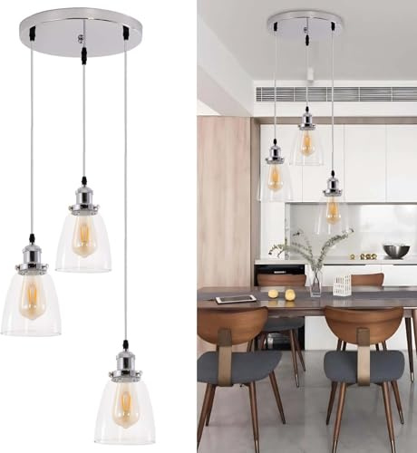 Fynokst Industrial Retro Loft 3-Flammig, 2m Verstellbare Länge Glockenglas-Lampenschirm mit E27 Lampenfassung, Pendelleuchte Deckenlampe Vintage Hängeleuchte für Küche Keller Silber