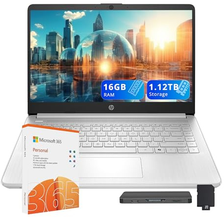 HP Stream 14 HD Laptop, Intel Processor N150, 16GB RAM, 1.16TB Storage (128GB UFS+1.03TB Docking Station Set), Intel Graphics, Webcam, Wi-Fi 6, 1 anno Office 365, Copilot, Fast Charge, Win 11