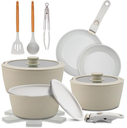 NutriChef bateria cocina mango extraible, Ceramica, 18 piezas, Juego de ollas y sartenes, Antiadherentes, Sin PTFE, Ahorra espacio, Apto para horno y estufa, Incluye utensilios