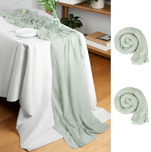 Fovths 2 Stück Tischläufer Salbei (3 m x 80 cm), Dekostoff Kasetuch Tischläufer 10 Fuß, Rustikale Musselin Tischdecke für Hochzeit, Babyparty, Geburtstag, Feiertag, Party