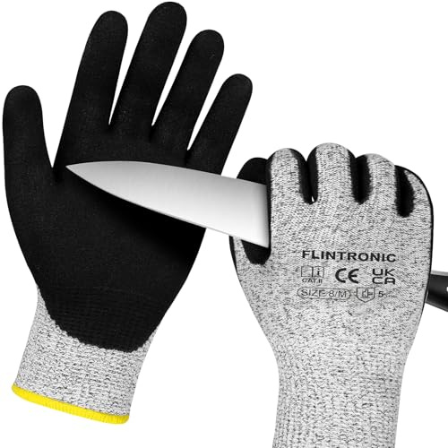 flintronic Guantes Anticorte (1 par), Gris(M) | Recubrimiento de Espuma Duradero de Nitrilo, Guantes Anticortes Policiales, para Cuchillos, Tallar Madera