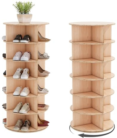 Wumagin Drehbarer Schuhschrank, 360° Schuhablagen mit Rundregalen, Aufbewahrung, Vertikale Handtasche, Schuhschrank-Organisation für Wohnzimmer, Flur & Schlafzimmer (Naturholzfarbe, 6 Etage)