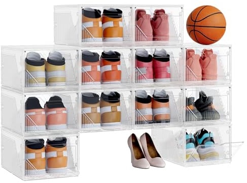 SONGMICS Schuhboxen 12er Set, Schuh-Organizer aus Kunststoff, stapelbar quer und längs, Aufbewahrungsbox mit Magnettverschluss, durchsichtig, für Schuhe bis Größe 46, wolkenweiß LSP806WH01-2J