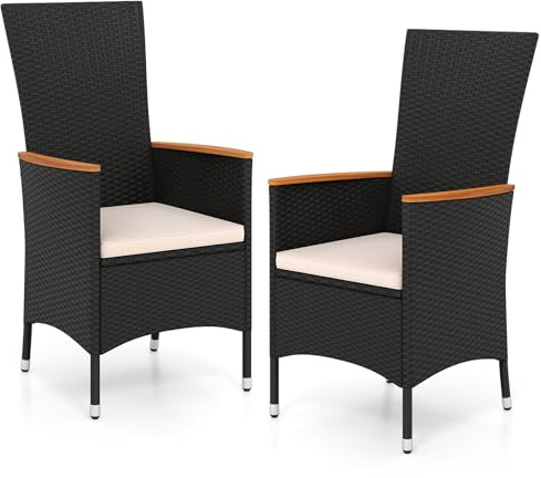 COSTWAY Gartenstühle Hochlehner 2er Set, Rattan Gartensessel mit Sitzkissen | Terrassenstühle wetterfest, Balkonstühle bis 180 kg belastbar, für Garten, Balkon, Terrasse, Beige