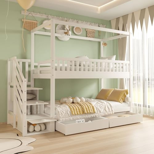 Etagenbett 90x200, Hochbett für 2 Kinder mit Treppe und Schublade, Weiß