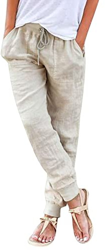 Pantalon Femme en Coton Lin Jambe Étroite Taille Élastique avec Cordon Ajustable Poche Vêtement pour Quotidien Détente Vacance Promenade Plage Mode Tendance Tissu Doux Confort Aéré (1-Khaki, XL)