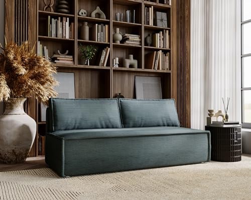Kaiser Möbel, Klappsofa mit Schlaffunktion, Sofa Duo, Schlafsofa Couch, Loungesofa, Bettsofa, Wohnzimmer, Schlafzimmer, POSO Stoff- Cord 90 x 200 x 92 cm Azurblau