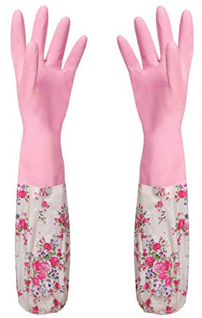 VEADK Cleaning Gloves 1Pair Velvet Rubber Long Warm Gloves Home Kitchen Dish Winter Washing Cleaning,Pink