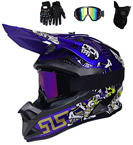 Blau/ Schädel - Motocross Helm mit Brille (4 Stück) Motorrad Crosshelm Herren Enduro MTB Helm Fullface Fahrrad Helm Cross Helm Motorradhelm für Downhill Bike BMX Off Road ATV,XL