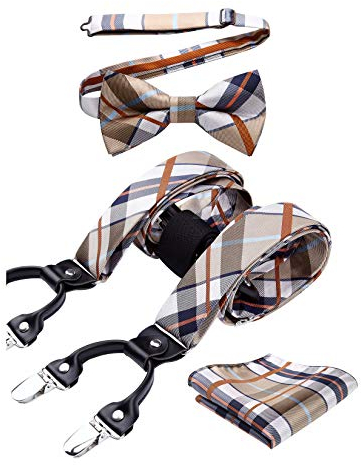 HISDERN Braun Beige Hosenträger und Fliege Set für Herren Einstecktuch Y Style hosenträger Plaid mit 6 Starken Clips Einstellbar für Anzug