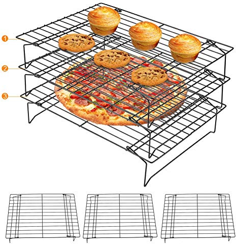 Grilles de Refroidissement pour Gâteaux, 3 Grille à Pâtisserie Empilables, Acier inoxydable Antiadhésif, Plateau Grill Grille de Refroidissement Convient Pour B-iscuit/Gâteau/Pain (34x24.5cm)