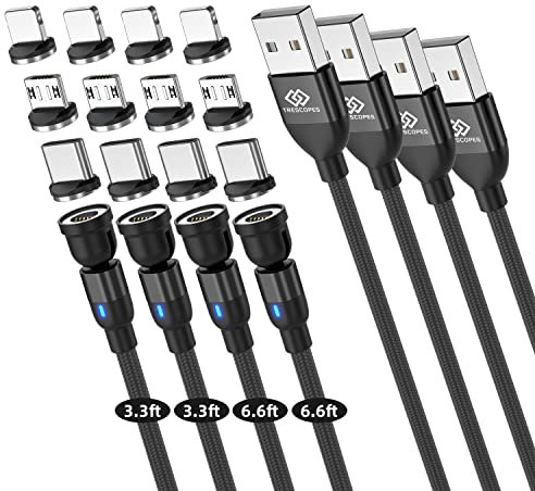Trescopes Magnetic Fast Charging Cable, [4 Pack], 540° Rotating Heads. Data Transfer. Micro USB, Type C, compatible with all Smartphones. USB C Charger