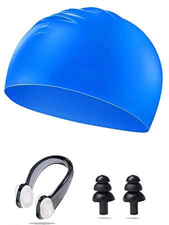 Ancaiqi Gorro Piscina,Gorro de Natacion tela de nailon de Silicona Impermeable Pelo Largo Dreadlocks de con un par de tapones para los oídos con clip nasal para Mujer y Hombre(Silikon-Blau Erwachsene)