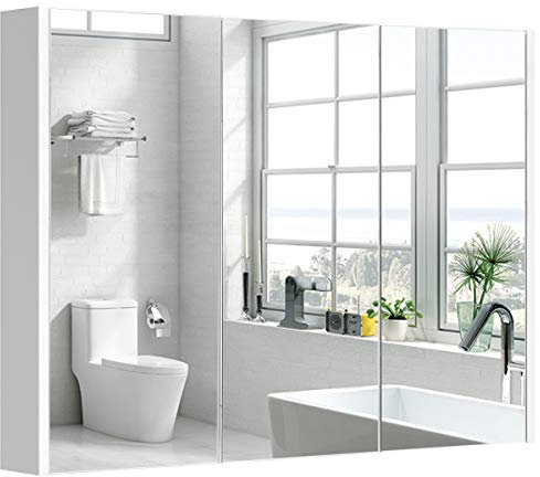 COSTWAY Bathroom Mirror Cabinet, Wall Mounted Storage Cupboard with Shelf, Home Kitchen Living Room Display Organiser Unit (Triple Door, White)