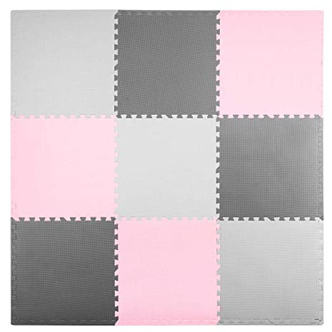RICOKIDS Kinderspielteppich Puzzlematte Spielzeug Kälteschutz Abwaschbar Spielmatte Spielteppich Matte Schaumstoffmatte Kinderteppich Gummimatte rosa Grau 60x60cm 9 Stück