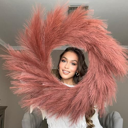 VOULUX Corona de Hierba de Pampa sintética Grande y esponjosa de 27 Pulgadas, Naranja Quemado, oxidada, Moderna, Bohemia, Coronas de Interior, Corona de Granja, decoración de Pared, Hierba Marina de