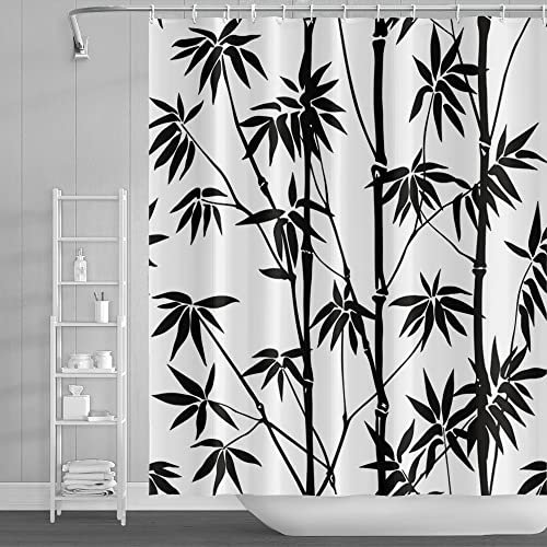 SDOTPMT 105x160cm Antiguo Bambú Cortina de Ducha Negro Blanco Abstracto Bambú Lámina Cortina de baño Clásico Pintura en Tinta Cortina bañera para niños Baño Tela Poliéster con Ganchos
