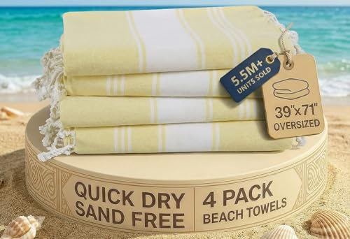 LANE LINEN Oversized Turkish Beach Towels – 4 Pack, 39x71 Cotton Rich & Quick Dry Pool Towels, Pre-Washed, Sand-Free & Lightweight Travel Towels for Adults, Yellow
