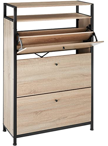 tectake® Industrial Schuhschrank mit 3 Klappen, 130 x 81 x 32 cm, Schuhregal Holz + Metall, Kommode mit 3 Fächern, Sideboard für Schuhe, Schuhkipper, Garderobe (Industrial Holz hell, Eiche Sonoma)