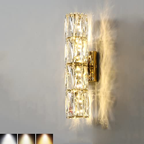 OOWOKS 24W LED Wandleuchte Kristall Moderne Wandlampe Innen Dimmbar 3 Farbtemperatur Nachttischlampe Wand Kristalllampe Wandbeleuchtung Edelstahl Basis Wandlicht für Schlafzimmer Bett Flur, Gold