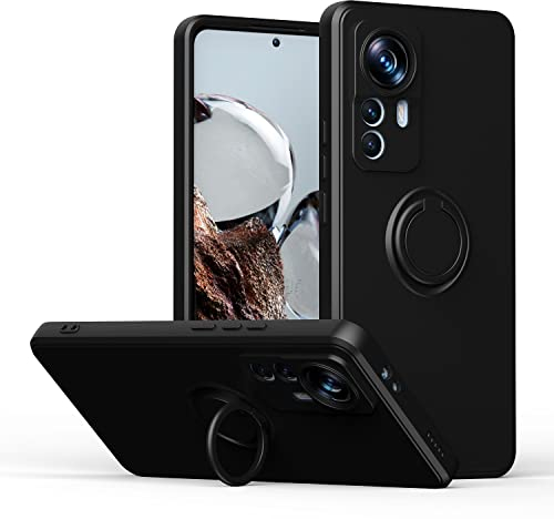 XINYEXIN Coque pour Xiaomi 12T / Xiaomi 12T Pro (6.67), Coque Silicone Liquide avec Support à Anneau 360°, Étui Magnétique Housse de Protection Antichoc avec Lanyard - Black
