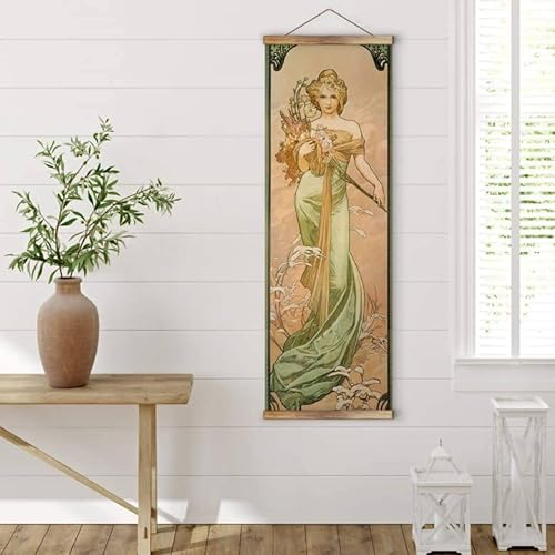 K&L Wall Art Vintage Stoffbild Poster Mucha Jahreszeiten Frühling Wandbild ohne Zubehör Jugendstil Kunstdruck Banner 40x120cm