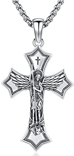 925 Sterling Silber Schutzpatron Halskette | Saint Michael Kreuz Halskette für Männer | Erzengel Michael Medaille Anhänger Amulett Religiöse Schmuck für Herren (F-Saint Michael)