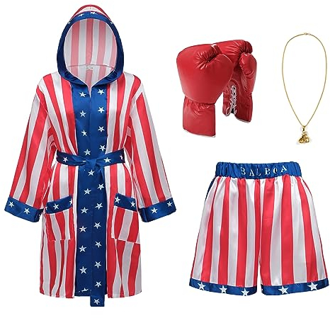 Regenboog Boxkostüm mit amerikanischer Flagge, Rocky Balboa, Erwachsene, Satin-Boxermantel, Shorts, Gürtel, Boxhandschuhe, US-Flagge, L