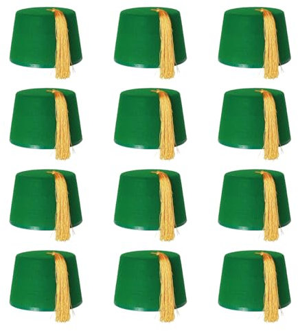 Fez Hut grün Kostümzubehör Kappe grün mit goldener Quaste, Unisex, Filzhut für Herren und Damen, 12 Stück