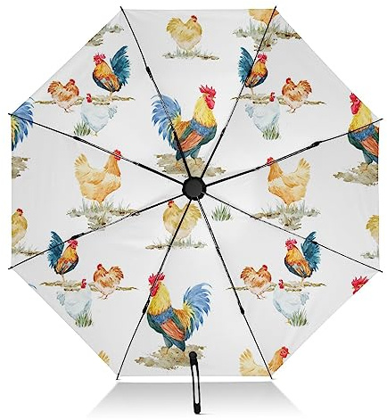 FRODOTGV Rustikaler Regenschirm im Landhausstil mit Hühnern, Hahn, Retro-Reise-Regenschirm, winddicht, umgekehrt, kompakter Regenschirm für Regen, Sonne, große 8 Rippen, zusammenklappbar,