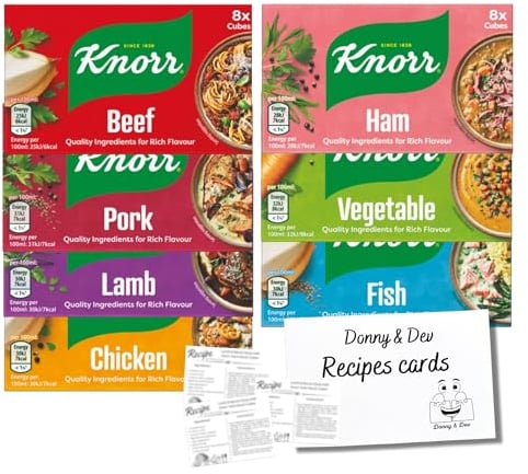 Stock Cube Bundle │ Knorr │ Chicken Stock Cubes │ Beef Stock Cubes │ Lamb Stock Cubes │ Pork Stock Cubes │ Fish Stock Cubes │ Ham Stock Cubes │ Veg Stock │& Recipes Cards Donny & Dev