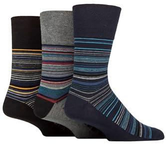 SockShop Gentle Grip Mens Striped Socks Patterned Stripey, Soft Honeycomb Top Comfort Cuff, 6-11 Pack of 3 - Micro Stripes Black/Sky Blue