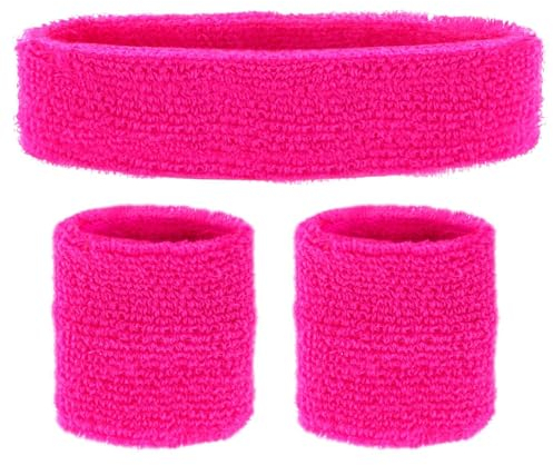 COM-FOUR® Ensemble d'accessoires 3 pièces - Bandeau et 2 Bracelets Rose Fluo - Look années 80 - Accessoires pour Carnaval, Carnaval, soirée à thème, JGA, Sport, aérobic, Tennis