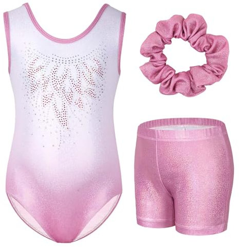 Gogokids Mädchen Drei Teiliges Gymnastikset, Ärmelloser Gymnastikanzug mit Shorts und Haarband, Ballett Tanzender Leotard Gymnastik Outfit mit Funkelnde für Mädchen, Ärmellose Trikots für 9-10 Jahre