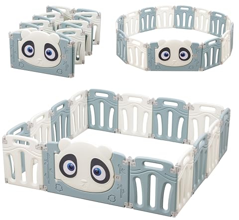 Baroni Toys Modulares Kinder Laufstall mit 15 Kunststoffpaneelen, Laufgitter für drinnen und draußen, anpassbare Form, 150x150 cm, (Blauer Panda)