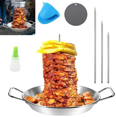 DMJHJY Gyro-Pfanne mit Spieß, vertikale Spießpfanne aus 304 Edelstahl, Gyro-Kochplatte, Gyro-Pfanne mit Spieß für den Ofen, für Tacos Al Pastor, Shawarma Kebabs Smoker Oven BBQ-Gerichte (13 Zoll)