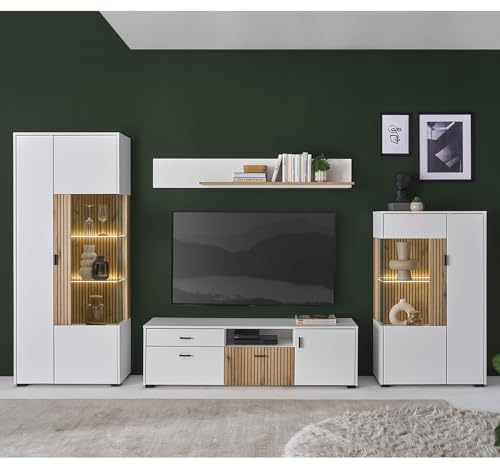 Lomadox Wohnwand Schrankwand Anbauwand Vitrinenschrank Highboard 150cm Lowboard Wandregal weiß matt Eiche