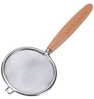Stainless Steel Colander with Wooden Long Handle Hanging Ear Multi-Function Filter Fine Mesh Sieve Sifter Strainer for Kitchen Food Rice Pasta Noodles Cookware Stainless Steel Colander Spoon