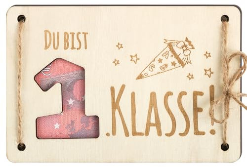 BOFUNX Einschulung Geschenk Geldgeschenk Verpackung Einschulung Holz Schulanfang Geschenke mit DU BIST 1. KLASSE Zuckertüte für Jungen Mädchen Schulanfang