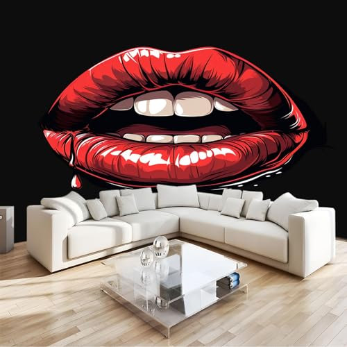 Papier Peint Panoramique LèVres Artistiques Rouges Papier Peint Intissé, Noir Décoration Tapisserie Poster Mural pour Salon Chambre D'Enfant Murale 300 x 210 CM