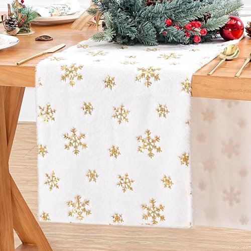 BrillShine Weihnachten Tischläufer, Weiß Gold Schneeflocke Tischläufer Faux Fur Tischläufer Modern Tischläufer Weihnachten Deko (35x180cm)