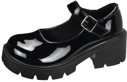 TRIWORIAE-Mary Jane Plateau da Donna Scarpe di Piattaforma con Cinturino Comode con Tacco Largo Lolita Nero Lucido 39