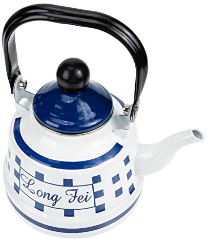 Cabilock Cafetera De Acero Esmaltado 1.1l Diseño De Cuadrados Azules Hervidor De Agua Para Cocina Compatible Inducción Tetera Para Preparar Café y Té