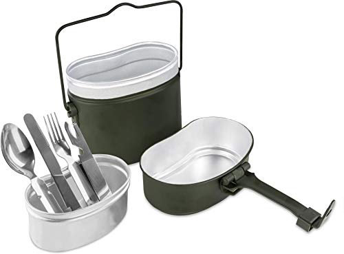 Original Bundeswehr Essgeschirrset Essbesteck + BW Aluminium Kochgeschirr Camping-Geschirr Besteck-Set - leichtes rostfreies Reisebesteck Farbe Oliv