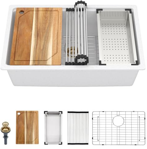 Talllor White kitchen Sink - 30 Inch Granite Composite Kitchen Sink Undermount Workstation White Quartz Single Bowl All-In One Sinks Basin 30x19 #TLGU-105