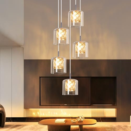 CBJKTX Pendelleuchte Modern Pendellampe Esstisch - 5 Flammig aus Glas Hängeleuchte 150CM Höheverstellbar G9 Kristall Esszimmerlampe für Treppenhaus Wohzimmer Esszimmer Küche (ohne Leuchtmittel)