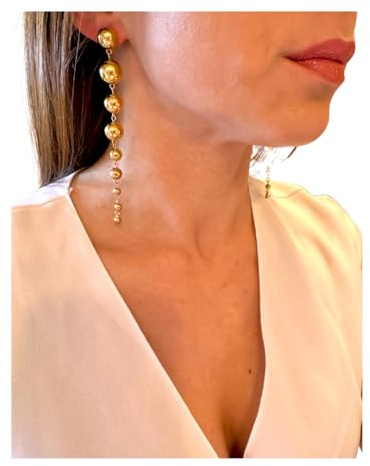 ONDEGO® XXL Statement Ohrringe Damen – Lange goldene Tropfen Ohrhänger mit Kugelkette – Extravagante Ohrstecker für Hochzeit Party Gala & besondere Anlässe